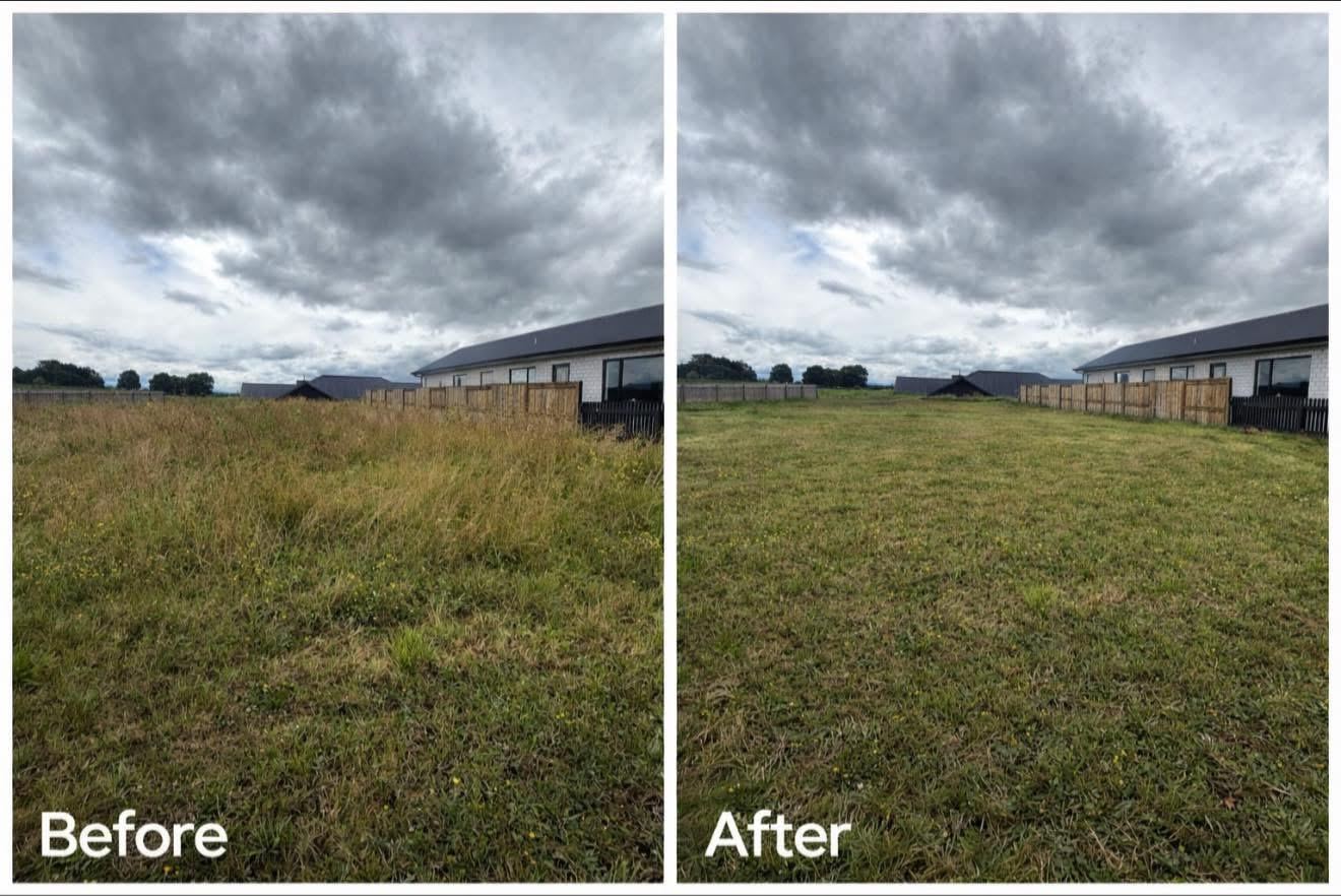 Before and after photo of a Te Awamutu lawn mowed by JR Lawn Mowing
