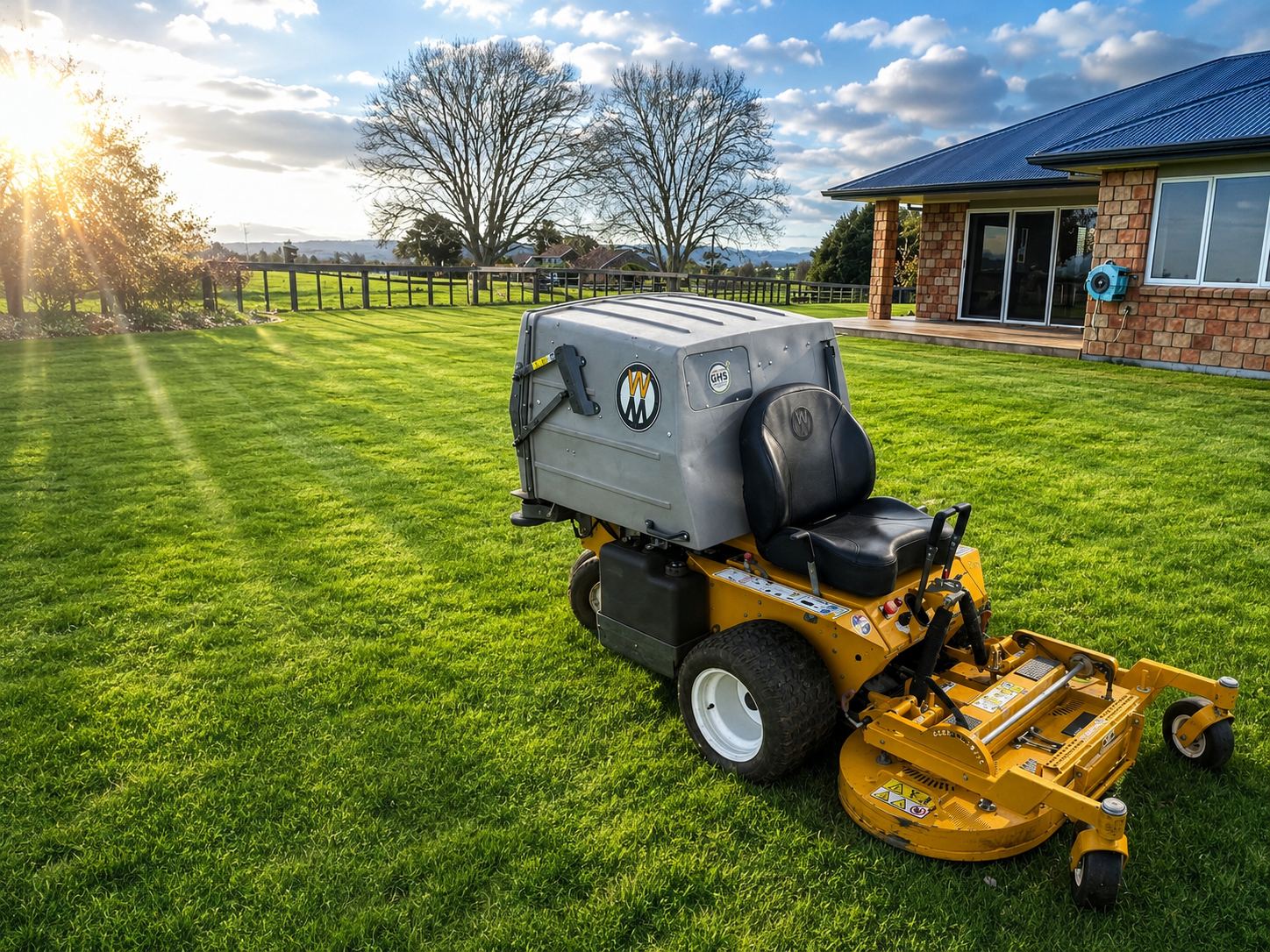 Jay Ram's ride-on mower on a freshly striped lawn in Te Awamutu